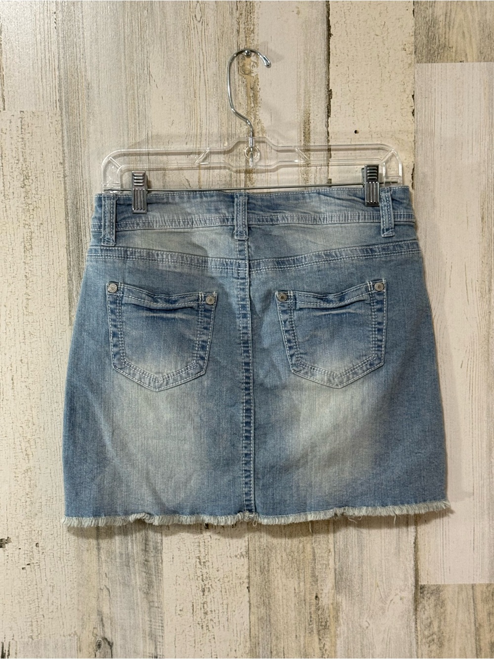 Wallflower Light Blue Washed Denim Mini Skirt with Frayed Hem - Picture 7 of 9